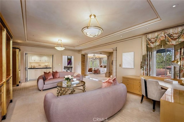 1129 Via Mirabel, Palos Verdes Estates, CA 90274 - living room with a tray ceiling, healthy amount of natural light, and light carpet