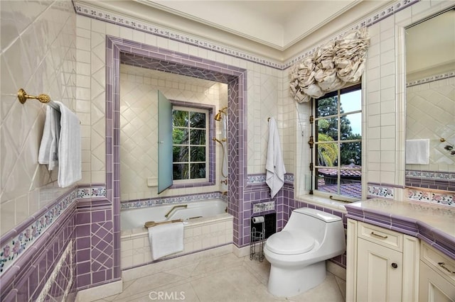 1129 Via Mirabel, Palos Verdes Estates, CA 90274 - full bathroom featuring a bath, tile patterned flooring, vanity, and tile walls