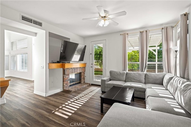 27545 Wellsley Way, Valencia, CA 91354 - living room with a fireplace, wood finished floors, and ceiling fan