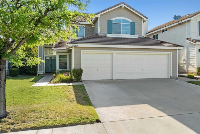 27545 Wellsley Way, Valencia, CA 91354 - traditional-style house featuring concrete driveway, a front lawn, a garage, and a tile roof