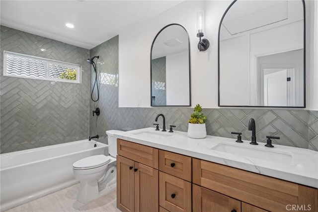 38 San Raphael, Dana Point, CA 92629 - bathroom with shower / bath combination, double vanity, and decorative backsplash