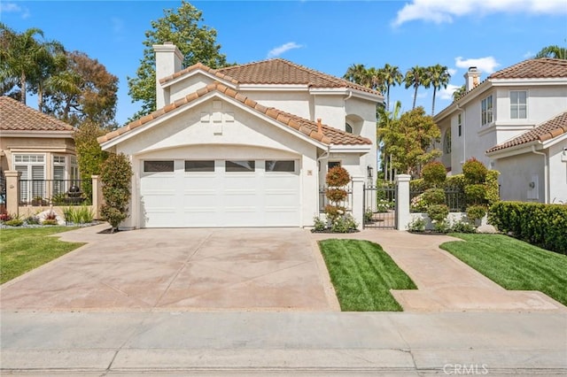 38 San Raphael, Dana Point, CA 92629 - mediterranean / spanish house with a gate, driveway, a chimney, stucco siding, and an attached garage