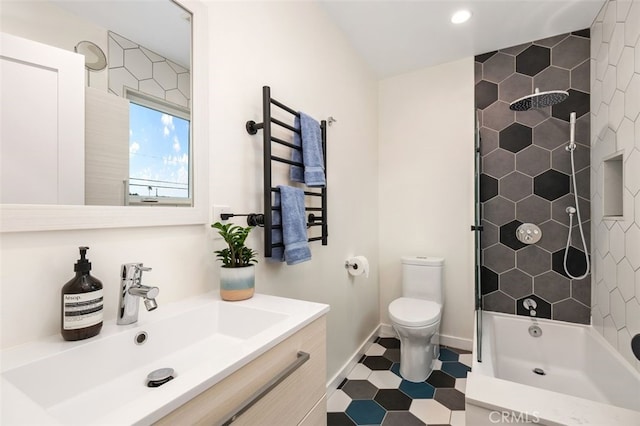 21225 Kent Ave, Torrance, CA 90503 - full bathroom with vanity, recessed lighting, tub / shower combination, a towel warming rack, and tile patterned floors