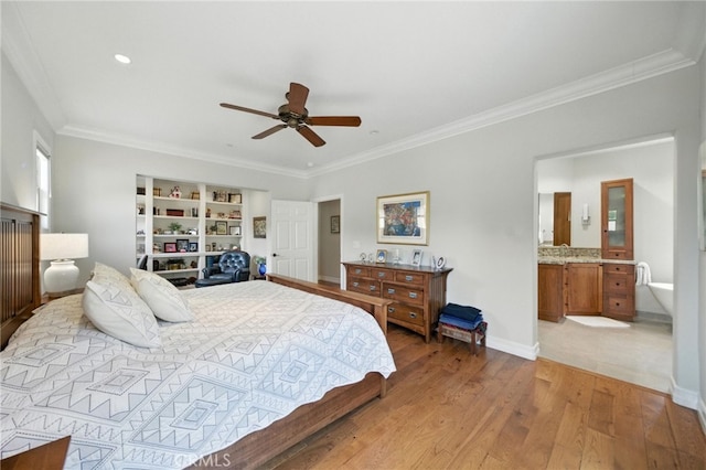 72 Shade Tree, Irvine, CA 92603 - bedroom featuring crown molding, light wood-style flooring, connected bathroom, and a ceiling fan