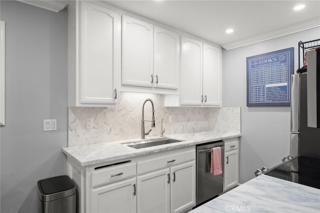 564 N Bellflower Blvd Unit 105, Long Beach, CA 90814 - kitchen with dishwasher, backsplash, white cabinets, light stone countertops, and ornamental molding