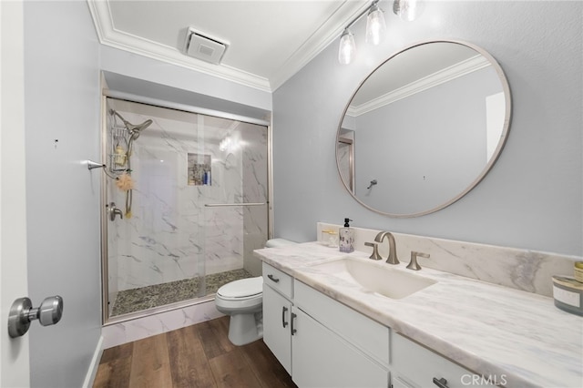 564 N Bellflower Blvd Unit 105, Long Beach, CA 90814 - full bath featuring ornamental molding, a marble finish shower, vanity, and wood finished floors
