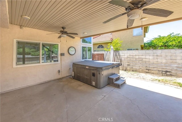 11142 Malone St, Rancho Cucamonga, CA 91701 - view of patio / terrace with ceiling fan and a hot tub