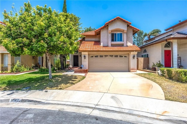 11142 Malone St, Rancho Cucamonga, CA 91701 - mediterranean / spanish house featuring a tile roof, stucco siding, concrete driveway, and a garage