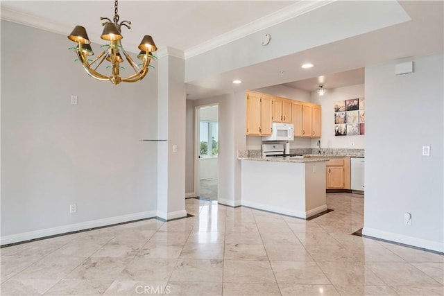 2604 E 20th St Unit 304, Signal Hill, CA 90755 - kitchen featuring crown molding, white appliances, light brown cabinetry, light marble finish floors, and a chandelier
