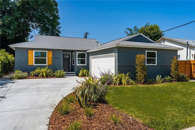 17216 Lorne St, Van Nuys, CA 91406 - ranch-style home featuring a garage, a shingled roof, driveway, and stucco siding