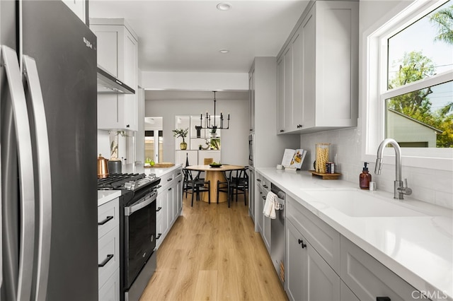 17216 Lorne St, Van Nuys, CA 91406 - kitchen featuring appliances with stainless steel finishes, light wood-style floors, decorative backsplash, recessed lighting, and gray cabinetry