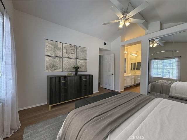 28741 La Triana, Laguna Niguel, CA 92677 - bedroom with wood finished floors, vaulted ceiling, ensuite bathroom, and ceiling fan