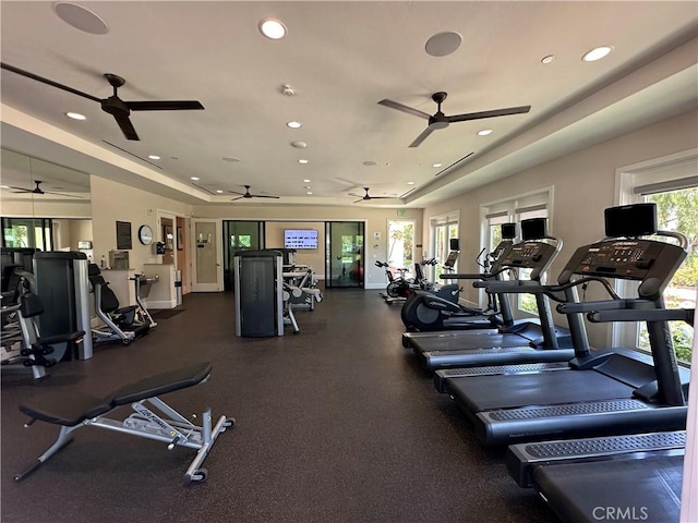 227 Carlow, Irvine, CA 92618 - workout area with a ceiling fan and recessed lighting