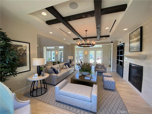 227 Carlow, Irvine, CA 92618 - living room with coffered ceiling, recessed lighting, a large fireplace, beam ceiling, and a chandelier