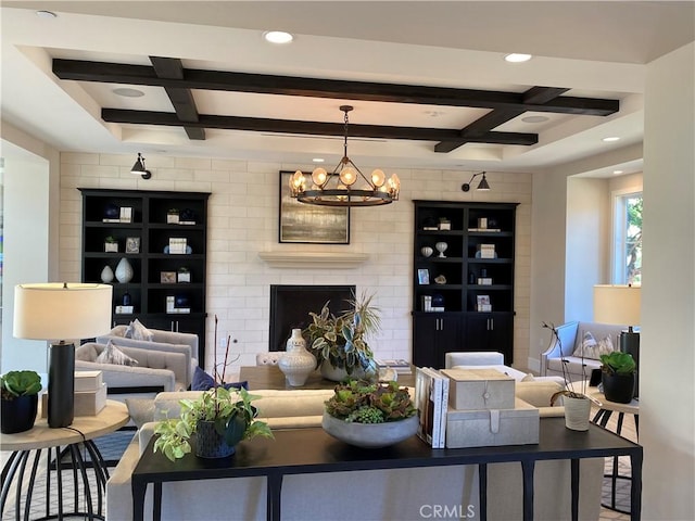 227 Carlow, Irvine, CA 92618 - living area featuring coffered ceiling, beam ceiling, recessed lighting, a chandelier, and built in features