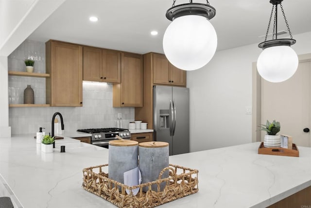 6863 Tanglewood Rd, San Diego, CA 92111 - kitchen with stainless steel appliances, open shelves, tasteful backsplash, brown cabinets, and light stone counters
