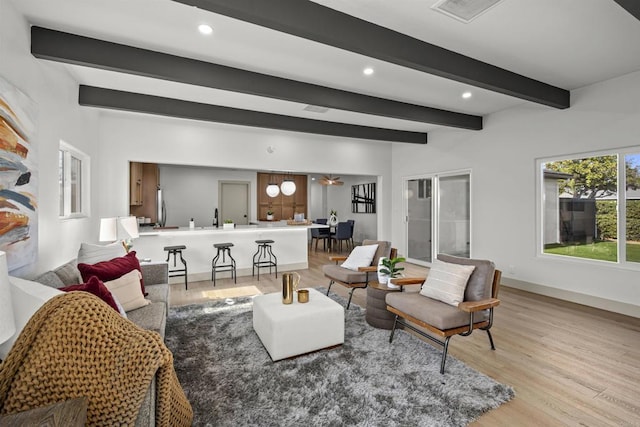 6863 Tanglewood Rd, San Diego, CA 92111 - living room featuring recessed lighting, light wood finished floors, and beamed ceiling