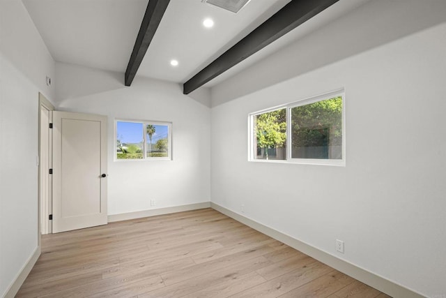 6863 Tanglewood Rd, San Diego, CA 92111 - empty room with beamed ceiling, healthy amount of natural light, light wood-style flooring, and recessed lighting