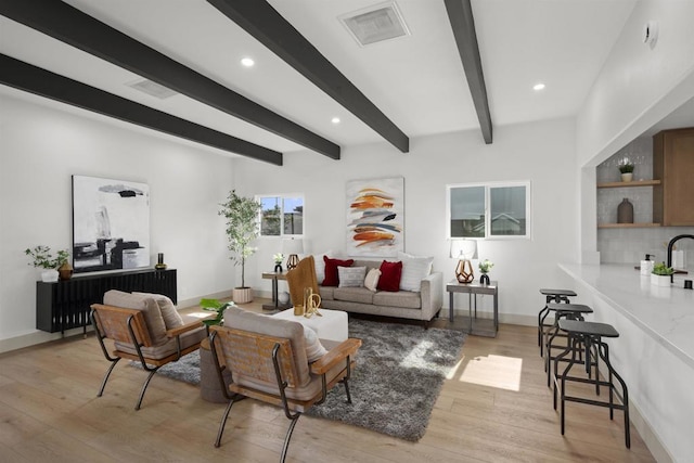 6863 Tanglewood Rd, San Diego, CA 92111 - living room with light wood-style floors, beam ceiling, and recessed lighting