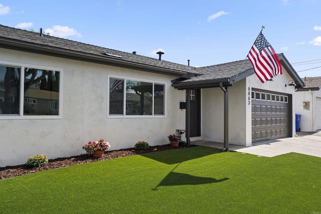 6863 Tanglewood Rd, San Diego, CA 92111 - ranch-style house with stucco siding, a front lawn, a garage, concrete driveway, and a shingled roof