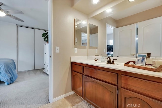 15736 Milne Cir, Moorpark, CA 93021 - bathroom featuring vanity, ceiling fan, and recessed lighting