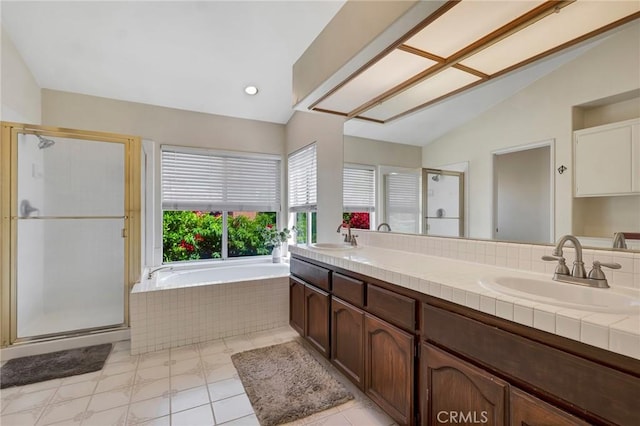 15736 Milne Cir, Moorpark, CA 93021 - full bath featuring lofted ceiling, a stall shower, a bath, and double vanity