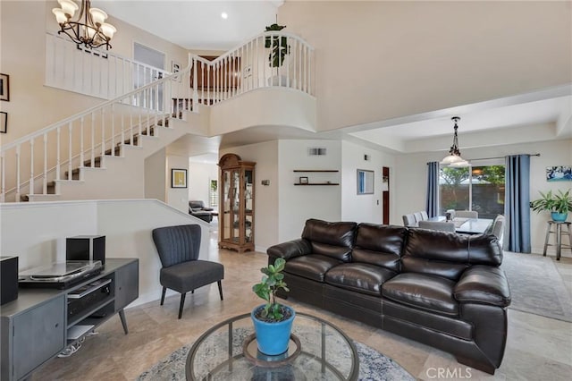 15736 Milne Cir, Moorpark, CA 93021 - living area with stairs, a chandelier, and a high ceiling
