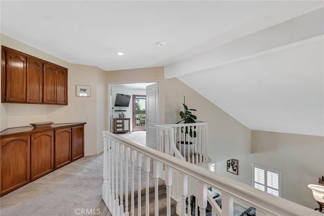15736 Milne Cir, Moorpark, CA 93021 - hall featuring an upstairs landing, light carpet, plenty of natural light, vaulted ceiling, and recessed lighting