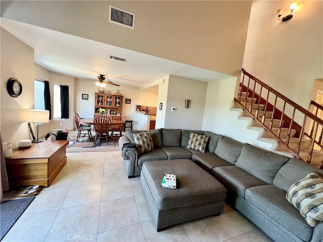 27347 Sahara Pl, Laguna Niguel, CA 92677 - living room featuring ceiling fan, stairway, and light tile patterned flooring