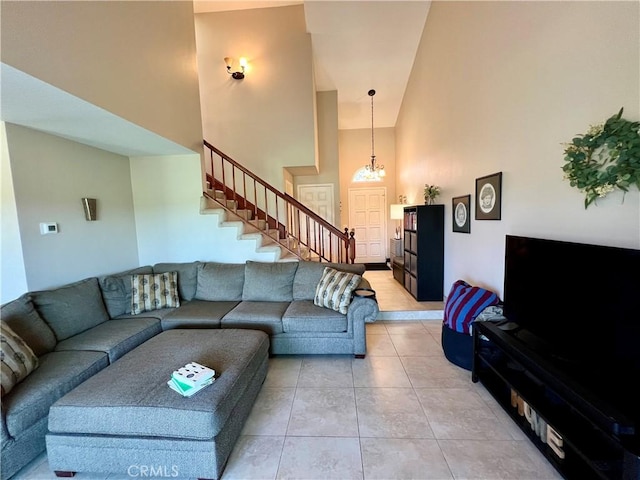 27347 Sahara Pl, Laguna Niguel, CA 92677 - living room with a towering ceiling, stairs, and light tile patterned floors