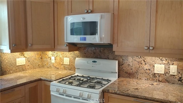 17305 Rosewood, Irvine, CA 92612 - kitchen featuring white appliances, decorative backsplash, light stone counters, and light brown cabinets