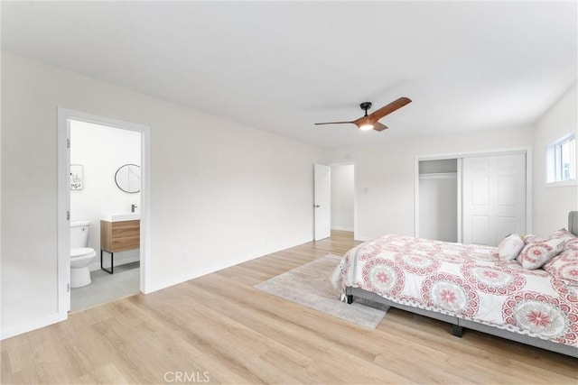 16627 E Greenhaven St, Covina, CA 91722 - bedroom featuring light wood finished floors, a closet, ensuite bathroom, and ceiling fan