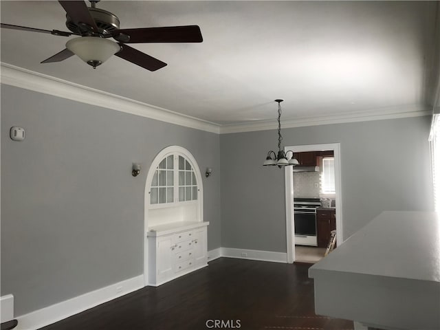 254 E Glenarm St, Pasadena, CA 91106 - unfurnished dining area featuring a chandelier, crown molding, dark wood-type flooring, and a ceiling fan