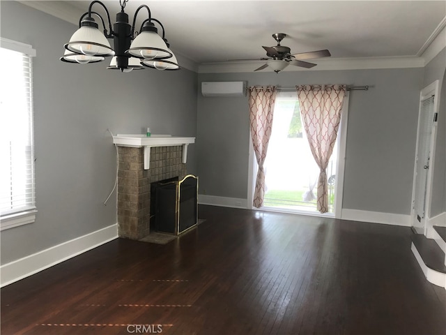 254 E Glenarm St, Pasadena, CA 91106 - unfurnished living room featuring dark wood-type flooring, a ceiling fan, crown molding, a fireplace with flush hearth, and a chandelier
