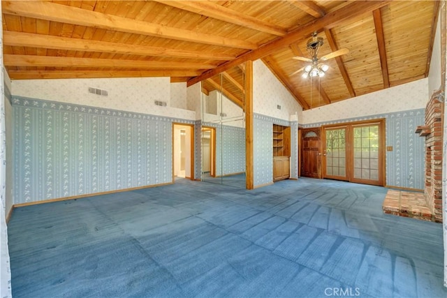2528 Key Ct, Lancaster, CA 93536 - unfurnished living room featuring wallpapered walls, wooden ceiling, carpet flooring, and ceiling fan