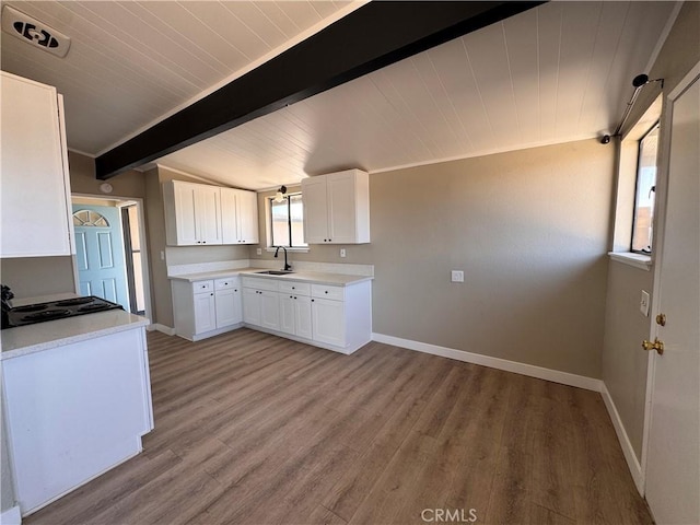 541 Frances Dr, Barstow, CA 92311 - kitchen with white cabinets, light wood-style flooring, light countertops, and wood ceiling