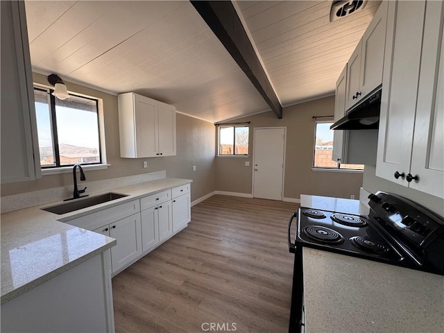 541 Frances Dr, Barstow, CA 92311 - kitchen with under cabinet range hood, electric range, white cabinetry, and light wood-style flooring