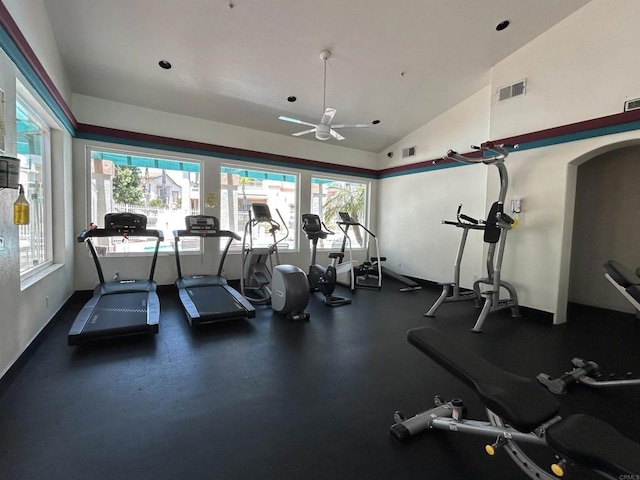 11422 Via Rancho San Diego Unit 84, El Cajon, CA 92019 - workout area featuring vaulted ceiling, healthy amount of natural light, a ceiling fan, and arched walkways