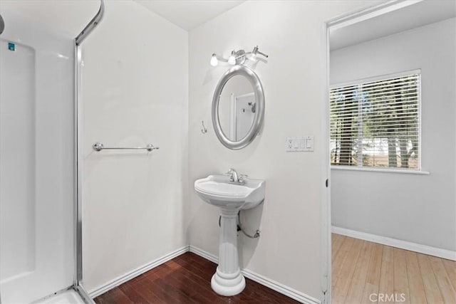 1869 Thrush Rd, Wrightwood, CA 92397 - bathroom with hardwood / wood-style flooring and a walk in shower