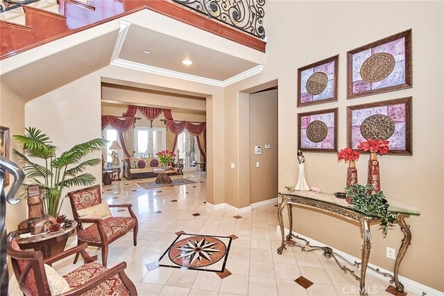 1482 Fergus, Claremont, CA 91711 - foyer with light tile patterned floors, crown molding, and recessed lighting