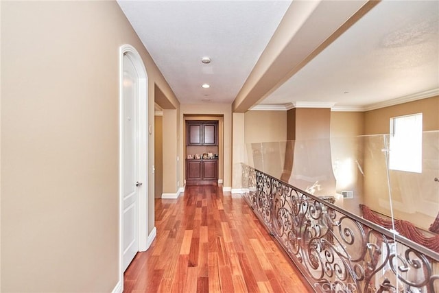 1482 Fergus, Claremont, CA 91711 - hall featuring wood finished floors, an upstairs landing, crown molding, and recessed lighting