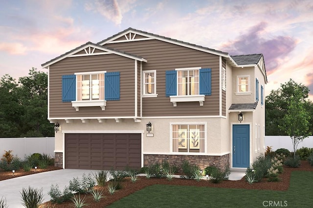 26595 Platte Rd, Menifee, CA 92585 - view of front of house with stone siding, concrete driveway, an attached garage, and stucco siding