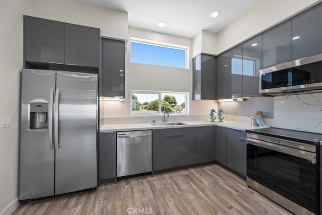 1296 Saratoga Ave, Grover Beach, CA 93433 - kitchen with stainless steel appliances, modern cabinets, gray cabinets, light wood finished floors, and light countertops