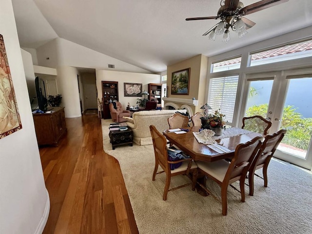 4150 Pindar Way, Oceanside, CA 92056 - dining area with healthy amount of natural light, a ceiling fan, wood finished floors, and lofted ceiling