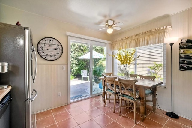 6548 Camino Del Parque, Carlsbad, CA 92011 - dining room with ceiling fan, light tile patterned flooring, wainscoting, and wooden walls
