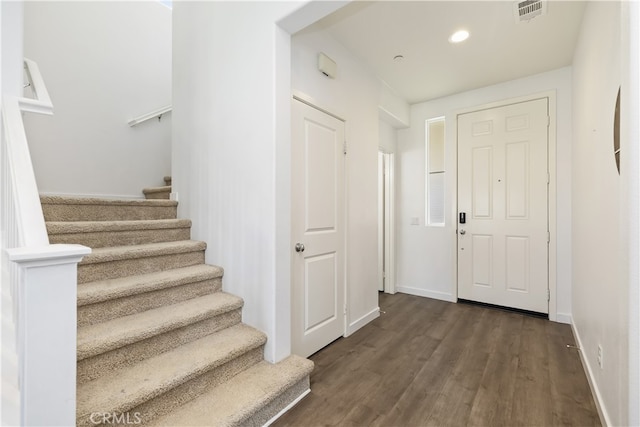 24329 Red Spruce Ave, Murrieta, CA 92562 - entrance foyer featuring stairs, dark wood-style floors, and recessed lighting