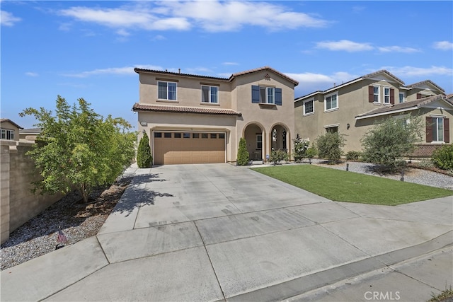 24329 Red Spruce Ave, Murrieta, CA 92562 - mediterranean / spanish-style home with a tiled roof, driveway, stucco siding, an attached garage, and a front lawn