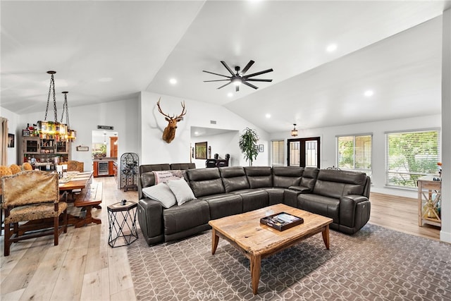 28536 Paseo Diana, San Juan Capistrano, CA 92675 - living area with vaulted ceiling, light wood-type flooring, a chandelier, recessed lighting, and a ceiling fan