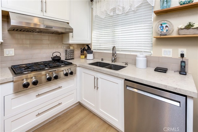 27448 Bridgewater Dr, Valencia, CA 91354 - kitchen featuring extractor fan, stainless steel appliances, white cabinetry, and tasteful backsplash