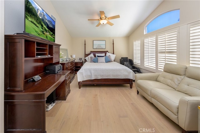27448 Bridgewater Dr, Valencia, CA 91354 - bedroom with light wood finished floors, high vaulted ceiling, and ceiling fan
